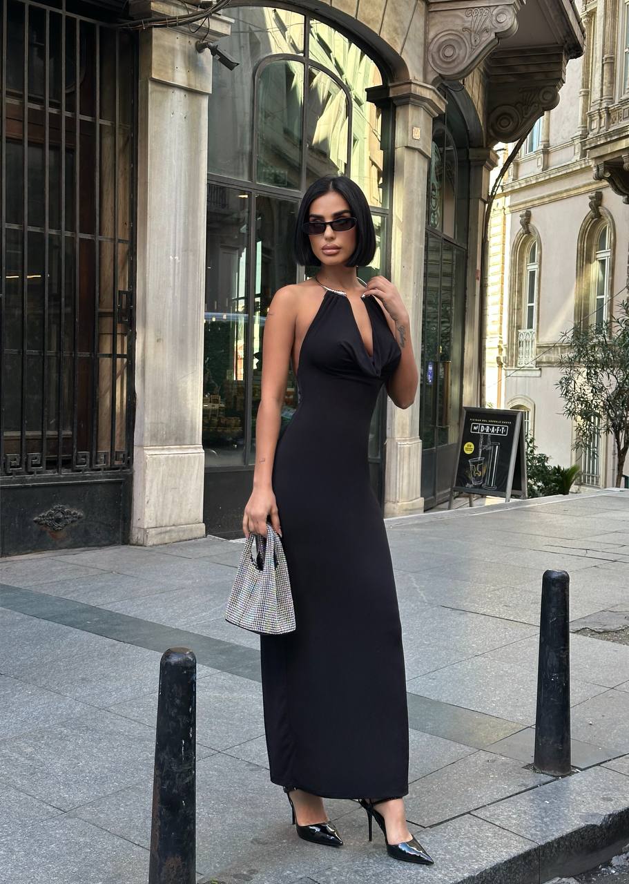 Noir Allure Maxi Dress Halter Chain Detail - 1259