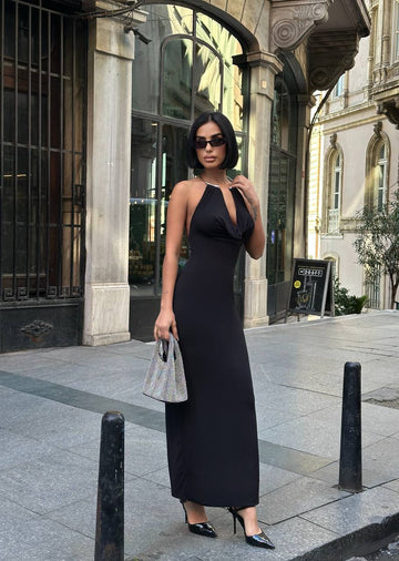 Noir Allure Maxi Dress Halter Chain Detail - 1259