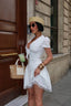 V-Neck Poplin Mini-Dress with puff sleeves, lace trim and corseted waist- 1291