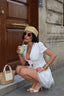 V-Neck Poplin Mini-Dress with puff sleeves, lace trim and corseted waist- 1291