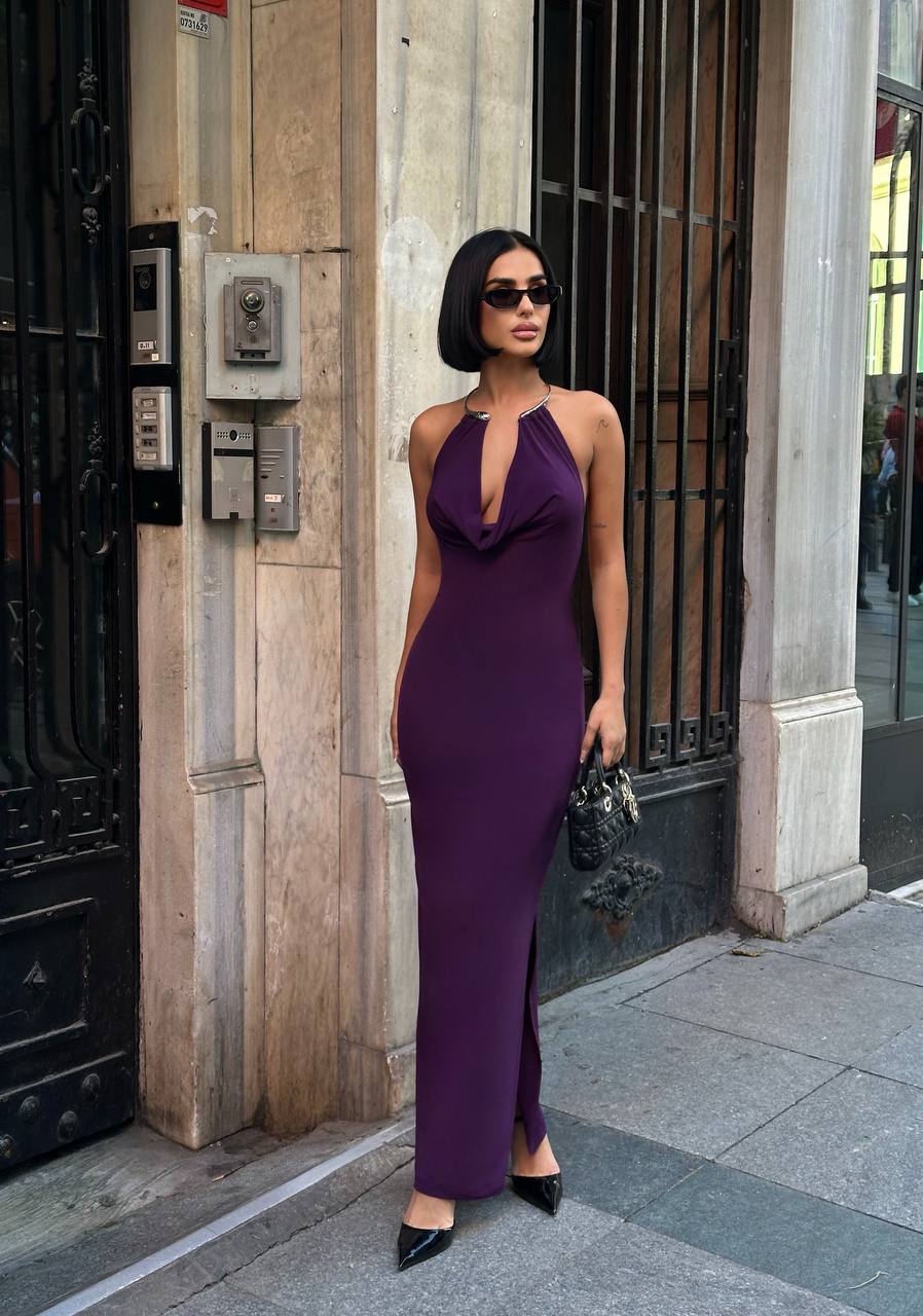 Noir Allure Maxi Dress Halter Chain Detail - 1259