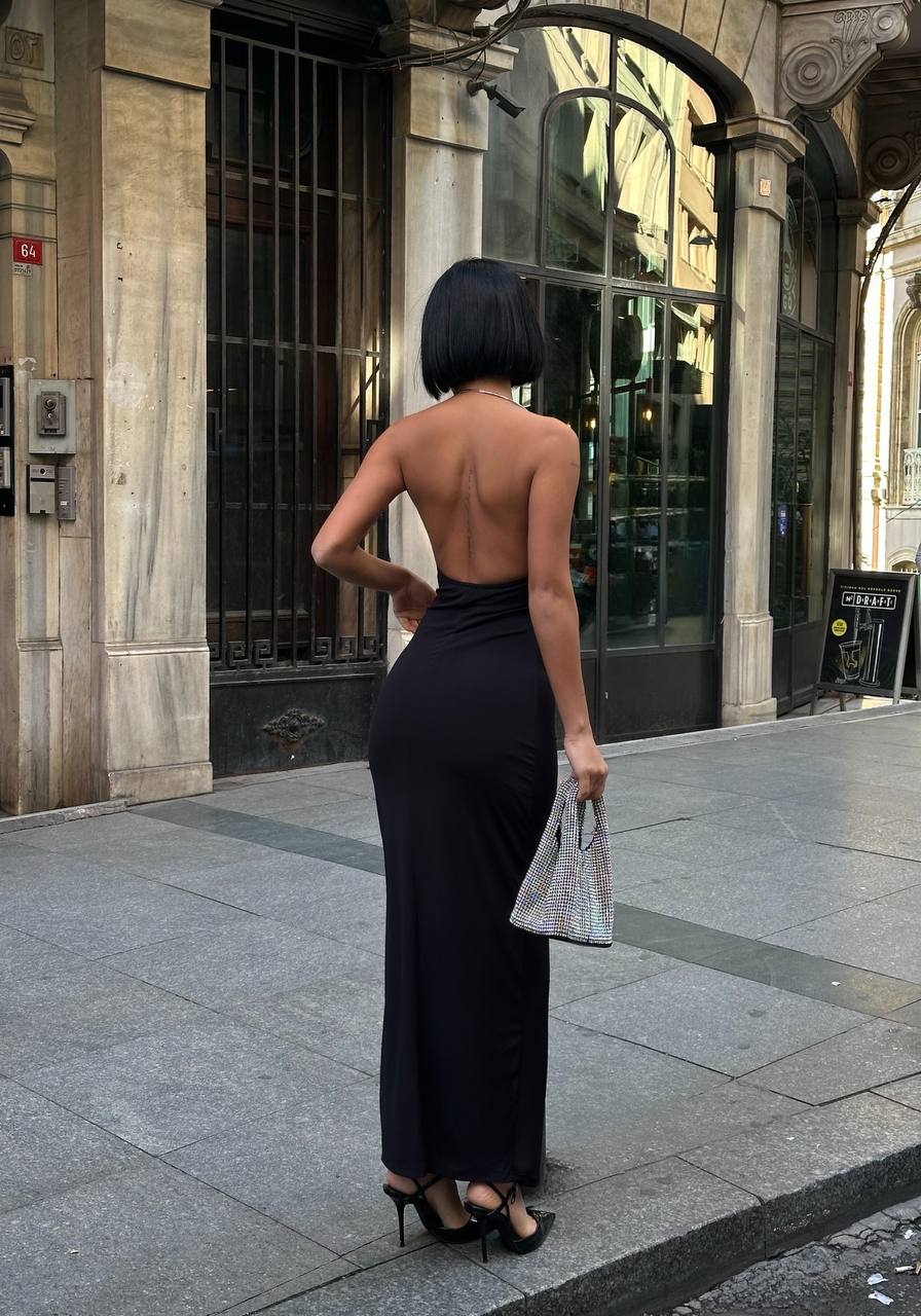 Noir Allure Maxi Dress Halter Chain Detail - 1259