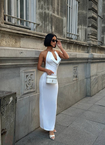 Noir Allure Maxi Dress Halter Chain Detail - 1259