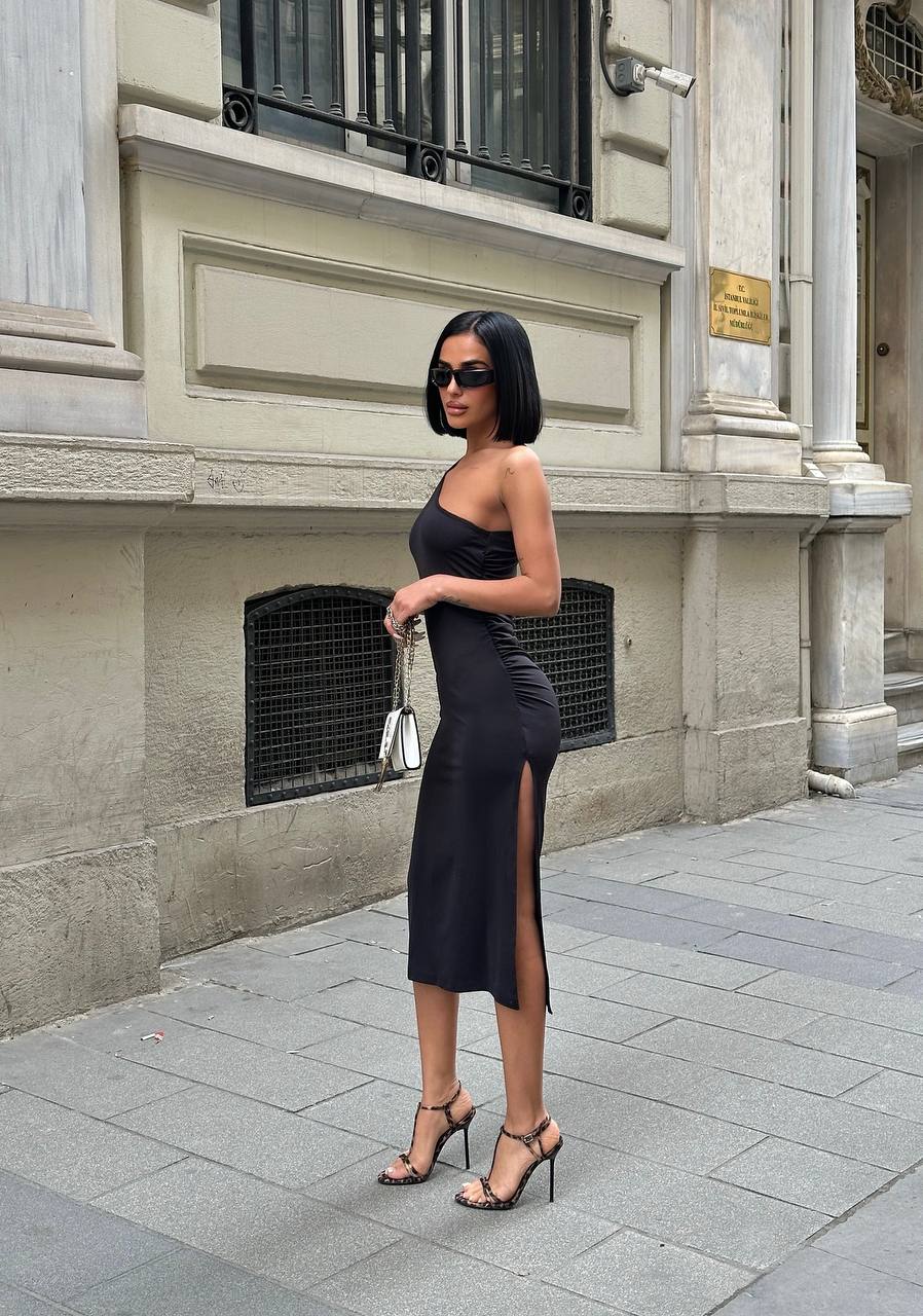 The One-Shoulder Ruched Elegance Midi Dress - 1184