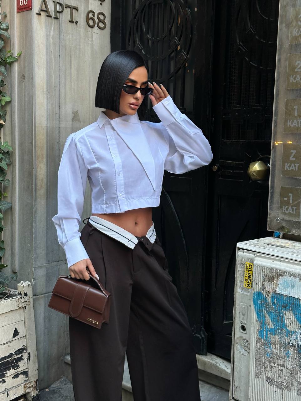 Urban Edge Cropped Blouse Structured Asymmetric Panel 1279