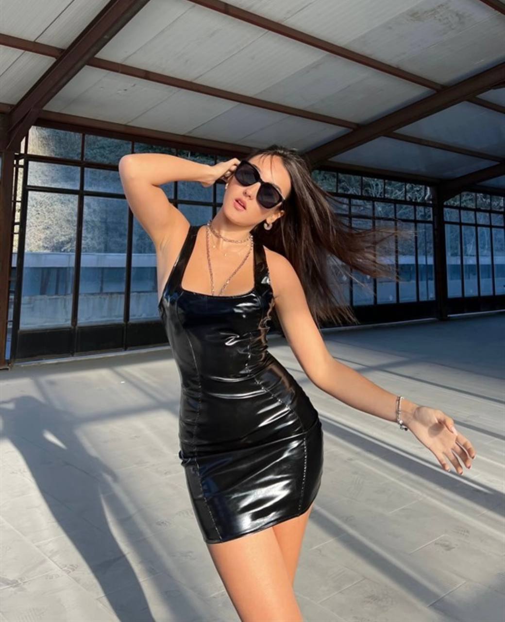 Sleek Noir Vinyl Mini Dress - 1023