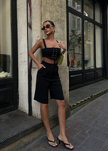 The Noir Lace-Up Crop & Bermuda Shorts Set  Two-Piece Summer Statement - 1188
