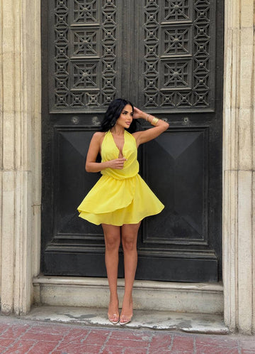 The Capri Drape Halter Mini Dress Sunset Romance - 1210