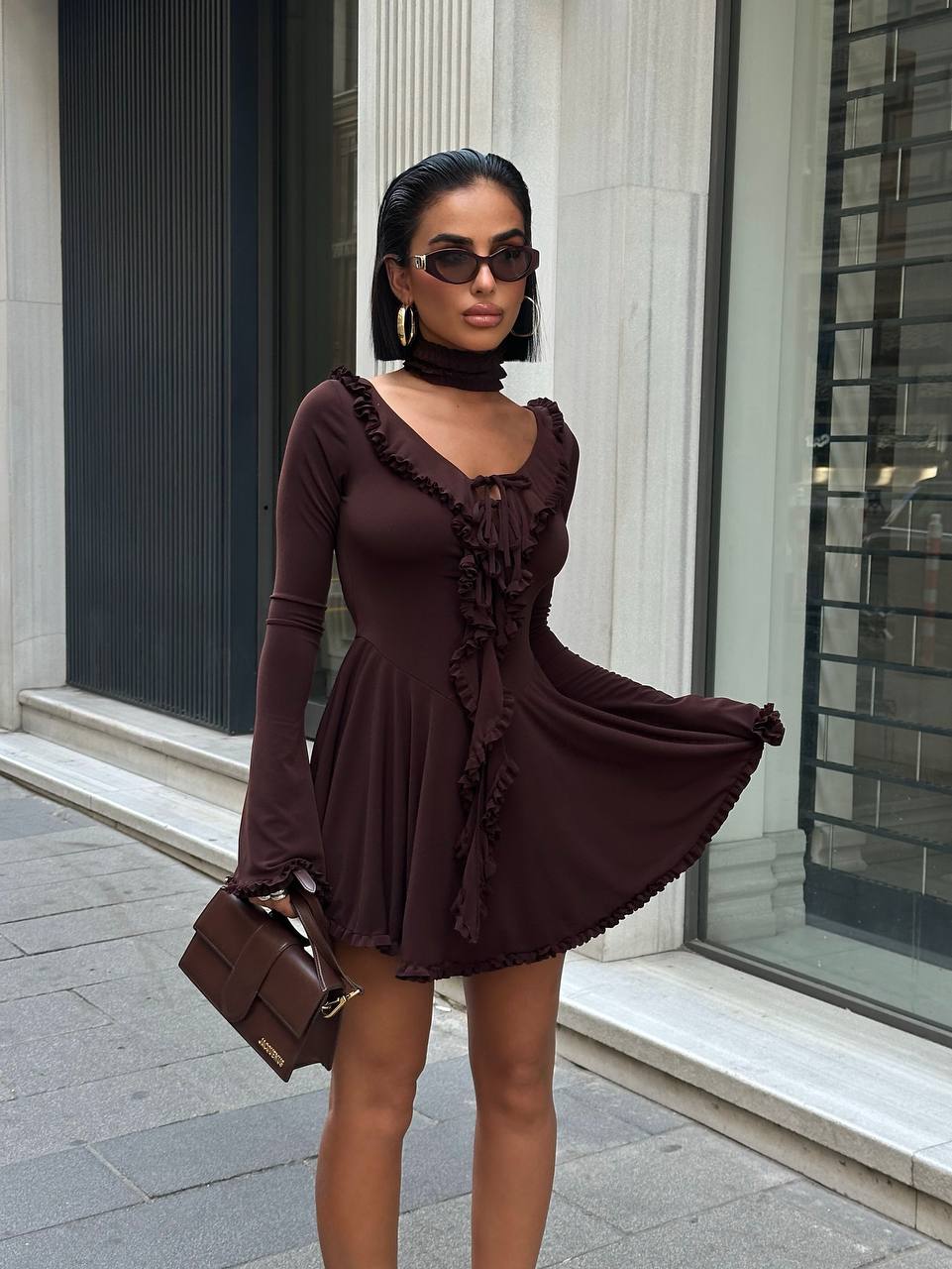 The Ruffled Charm Long Sleeve Mini Dress - 1241