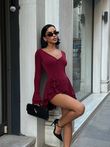 Eternal Ruffle Mini Dress Fit & Flare Button Detail - 1249