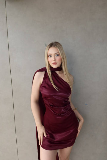 Eternal Glow Mini Dress Asymmetric Halter Satin Drape - 1253