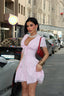 V-Neck Poplin Mini-Dress with puff sleeves, lace trim and corseted waist- 1291