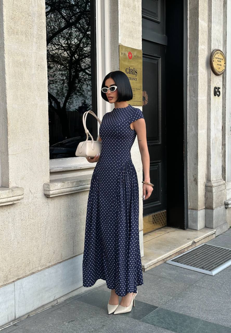 Polka-Dot Maxi Dress with high round neck and cap sleeves-1290