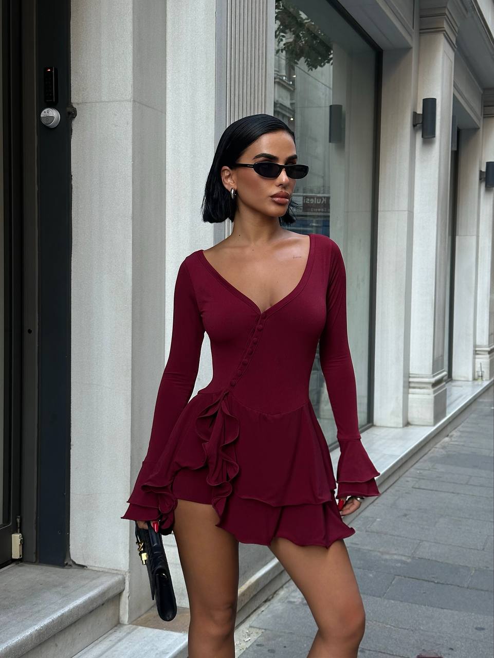 Eternal Ruffle Mini Dress Fit & Flare Button Detail - 1249