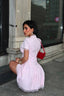 V-Neck Poplin Mini-Dress with puff sleeves, lace trim and corseted waist- 1291