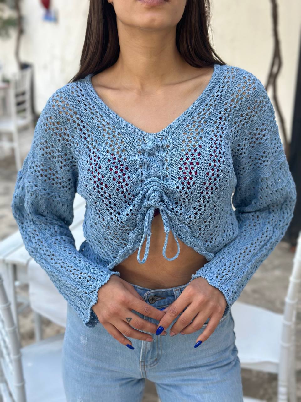 The Lace Knit Drawstring Crop Top – 1145