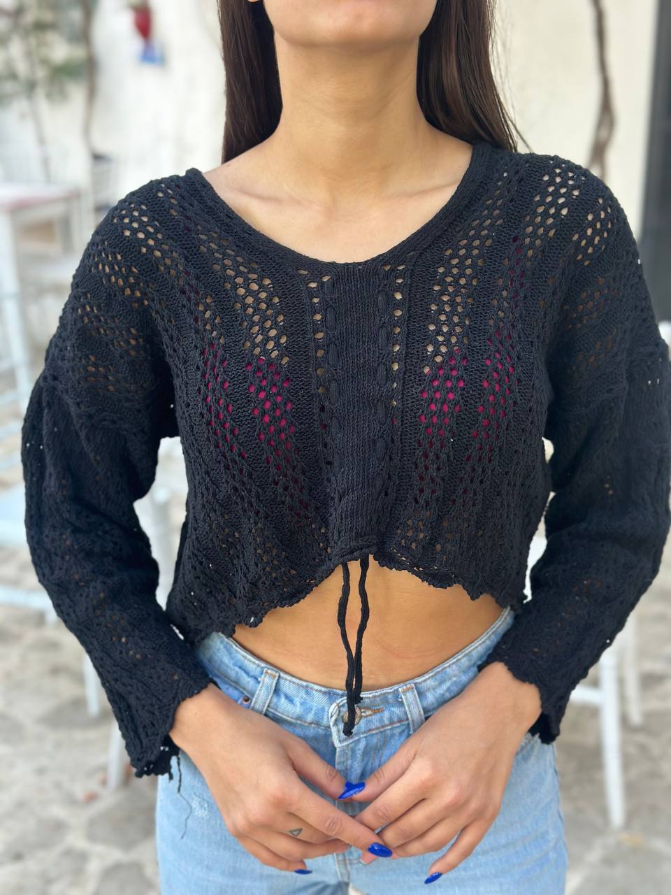 The Lace Knit Drawstring Crop Top – 1145