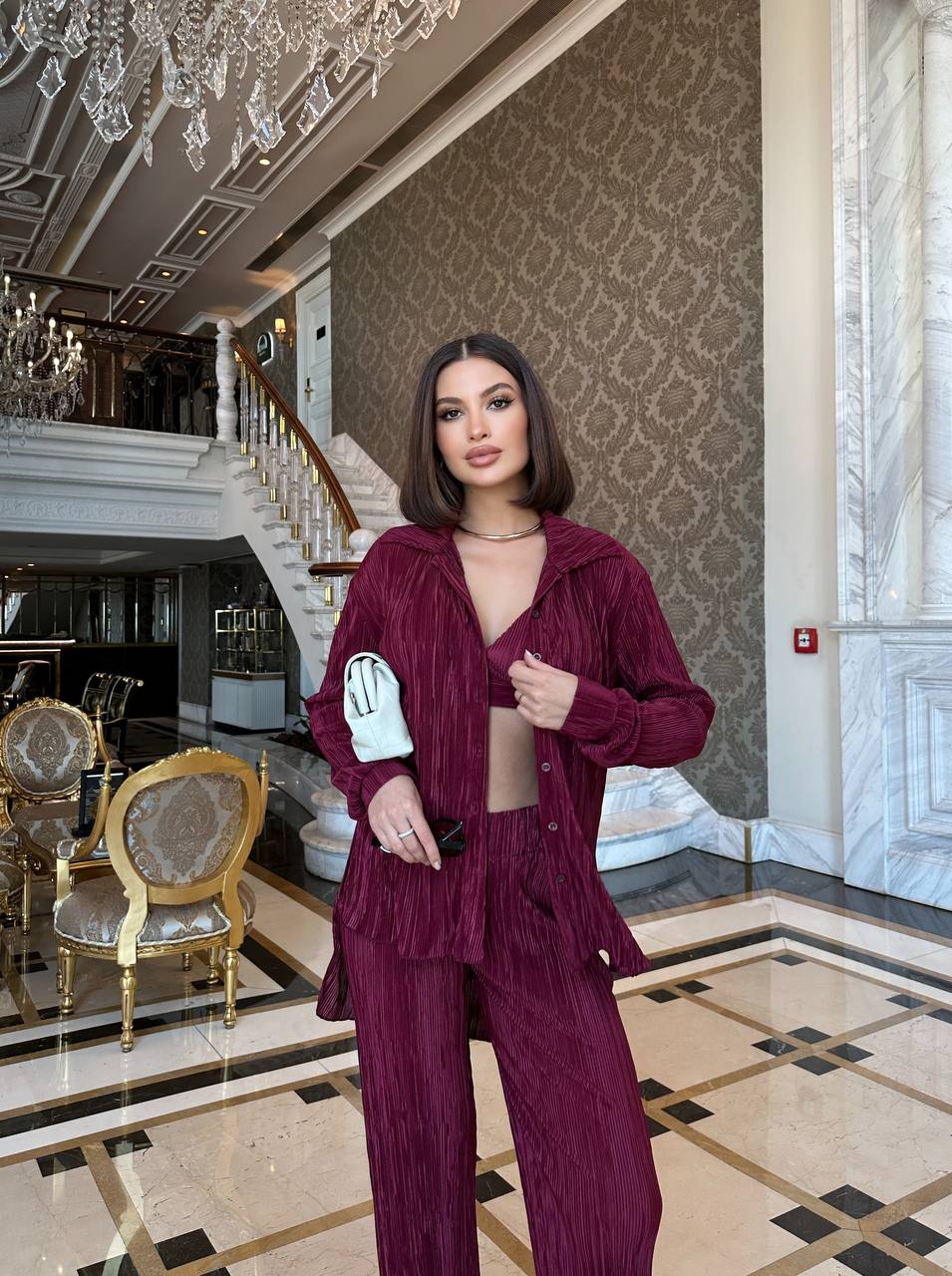 The Noir & Merlot Pleated Lounge Set 3-Piece Co-ord - 1198