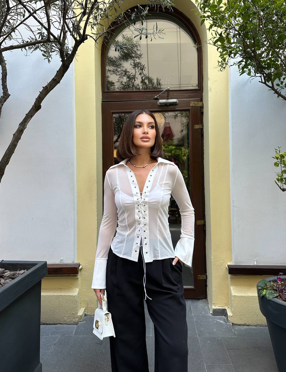 The Sophia Sheer Lace-Up Shirt - 1013