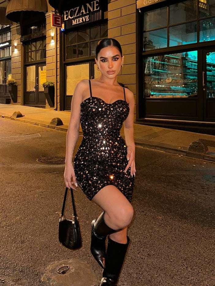 Midnight Spark Mini Dress Bodycon Sequin Glam - 1244