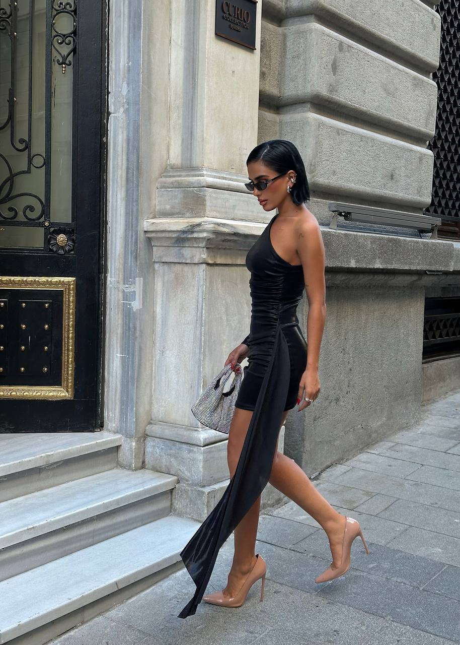 Radiant Edge Mini Dress One-Shoulder Draped Sash - 1248