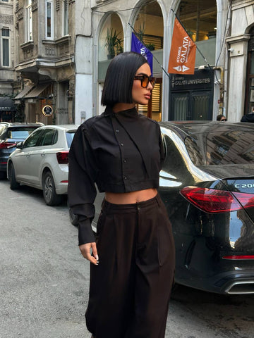 Urban Edge Cropped Blouse Structured Asymmetric Panel 1279