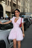 V-Neck Poplin Mini-Dress with puff sleeves, lace trim and corseted waist- 1291