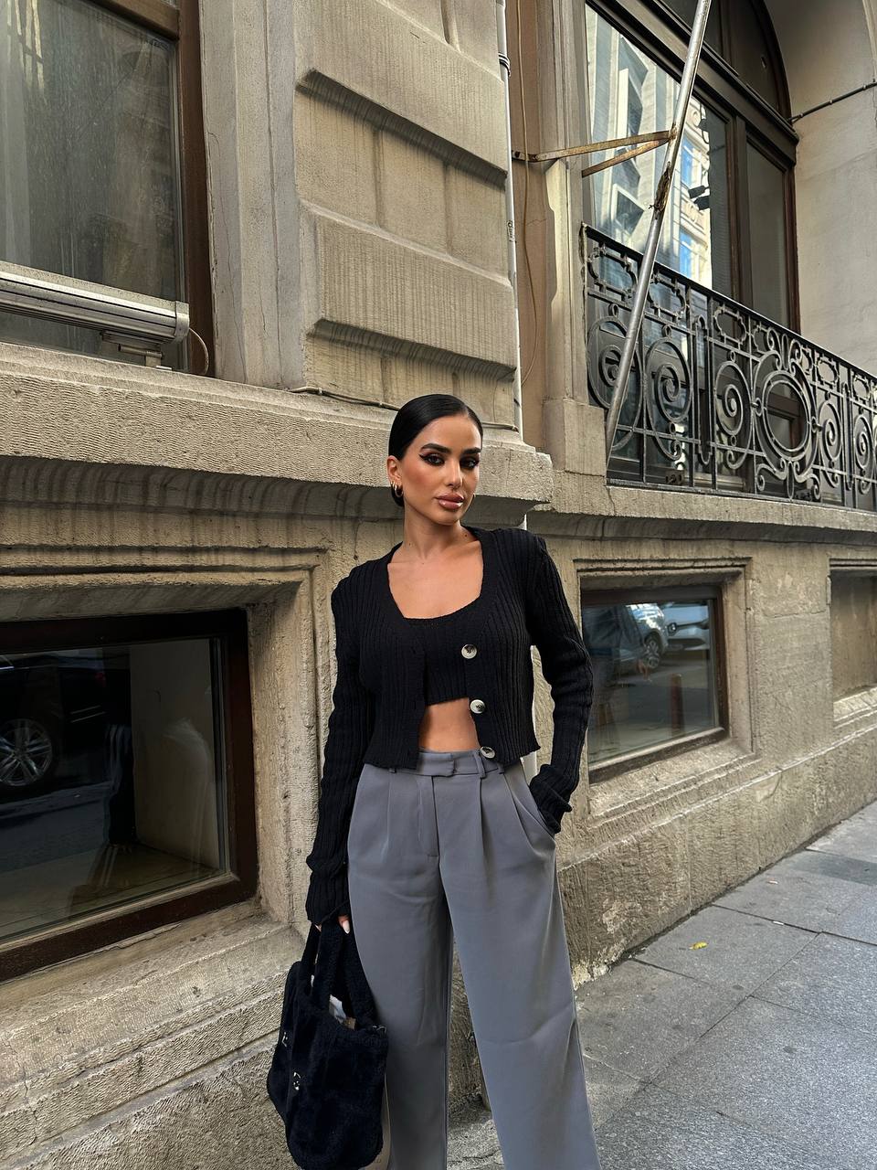 The Ribbed Knit Cardigan & Crop Top Set – 1142