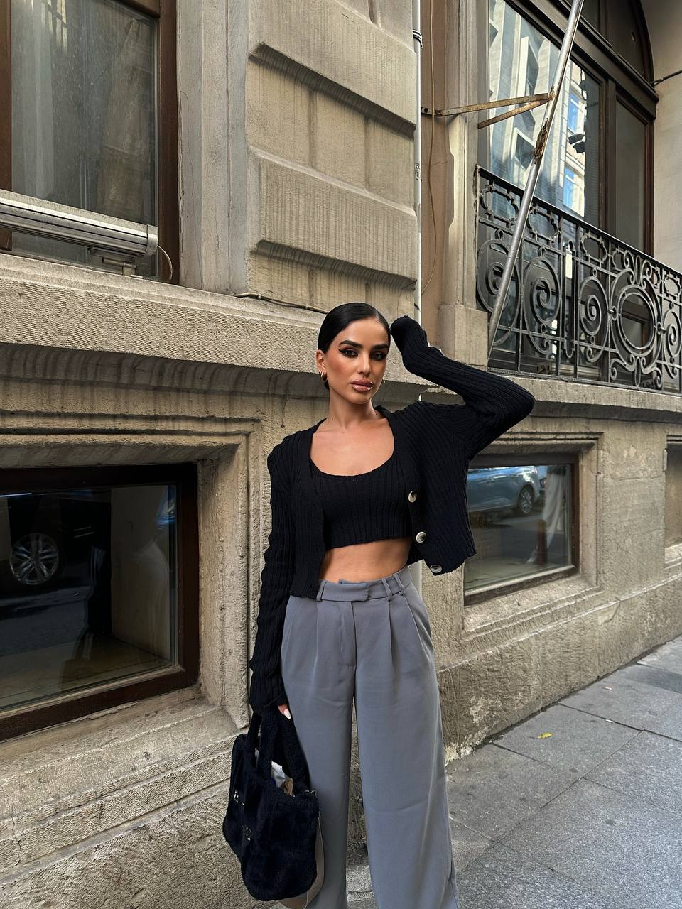 The Ribbed Knit Cardigan & Crop Top Set – 1142