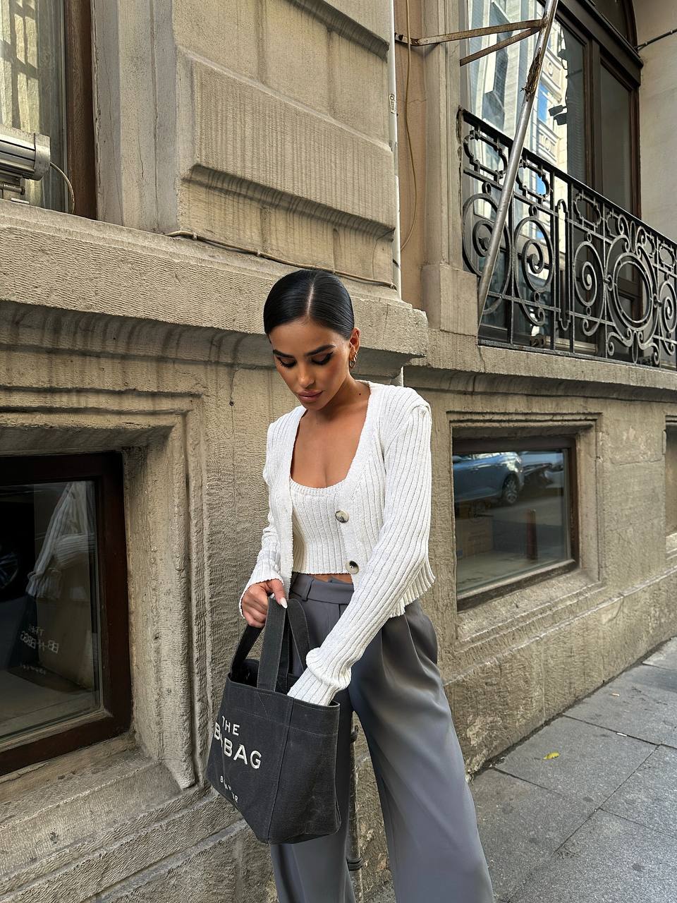 The Ribbed Knit Cardigan & Crop Top Set – 1142