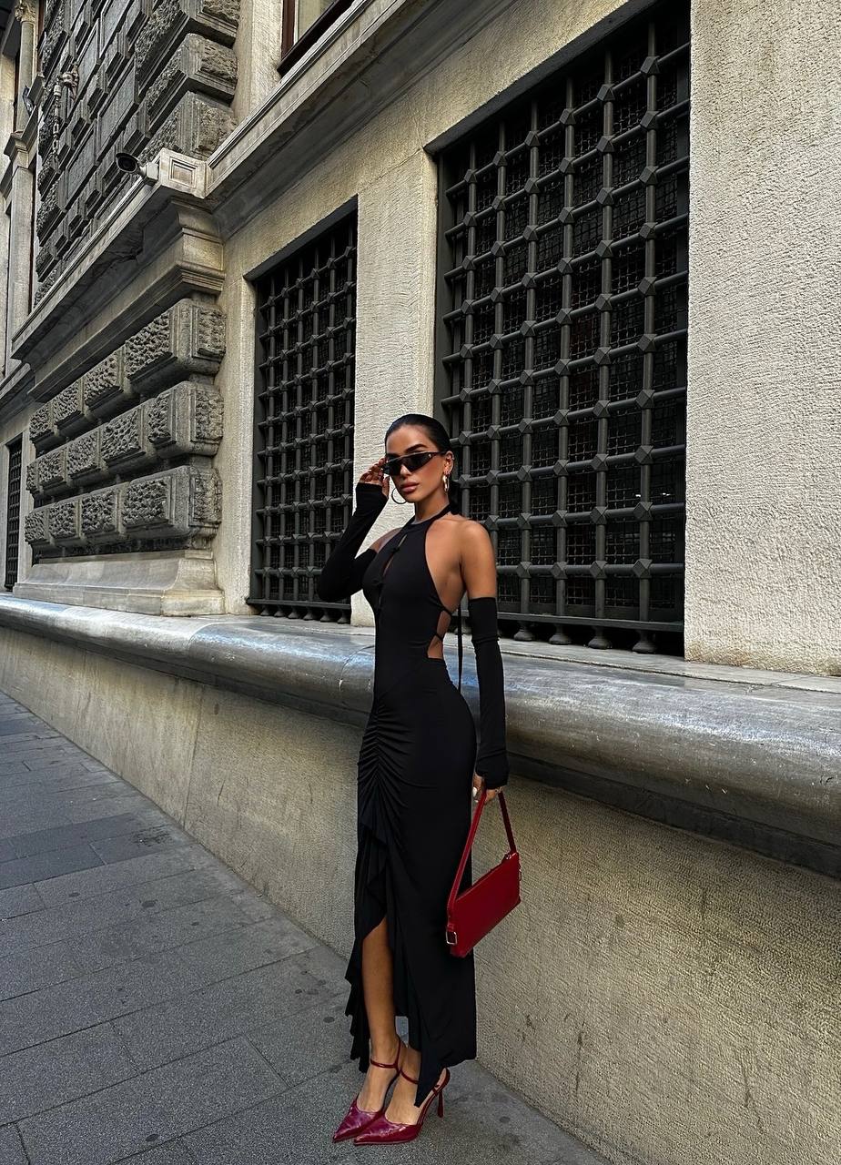 The Noir Elegance Halter Midi Dress - 1045