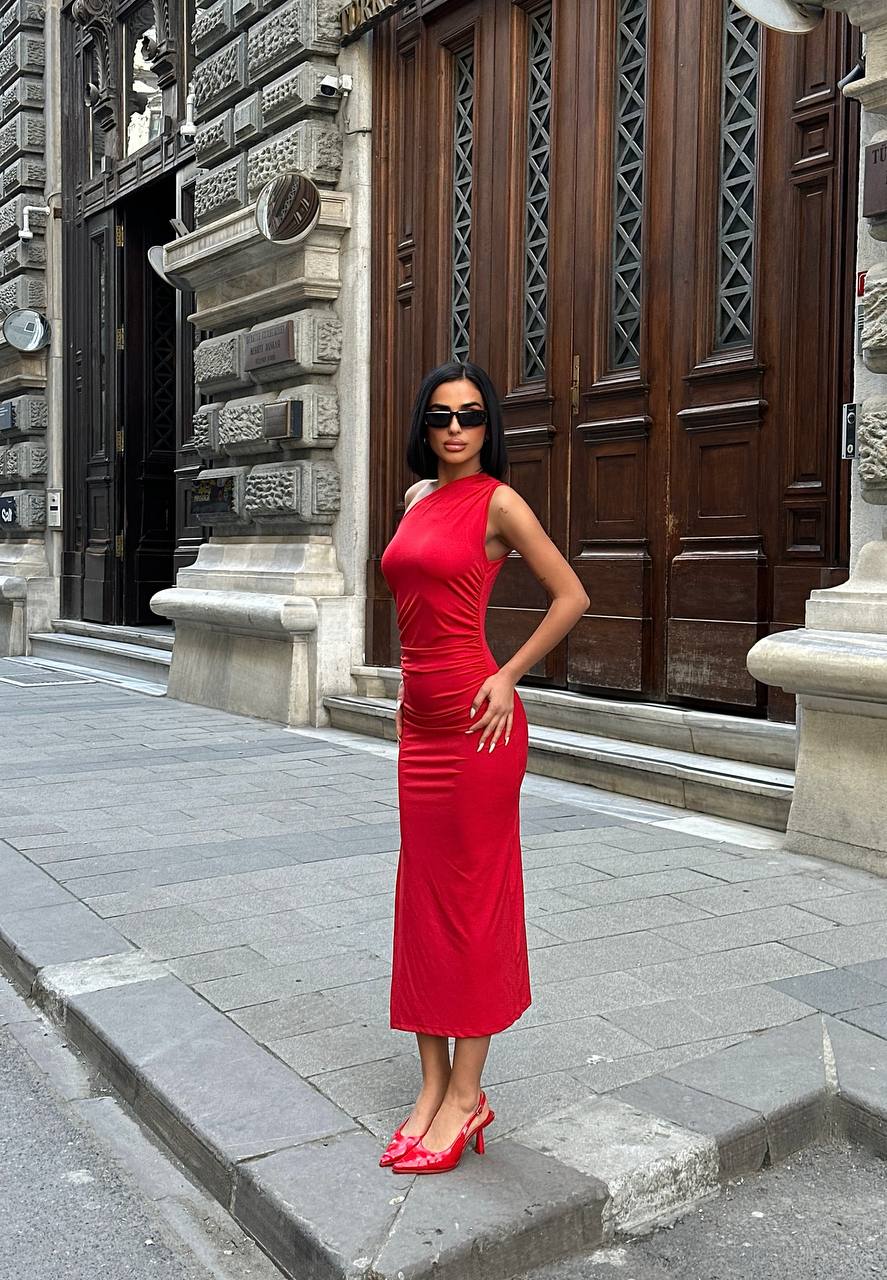 The One-Shoulder Ruched Elegance Midi Dress - 1184