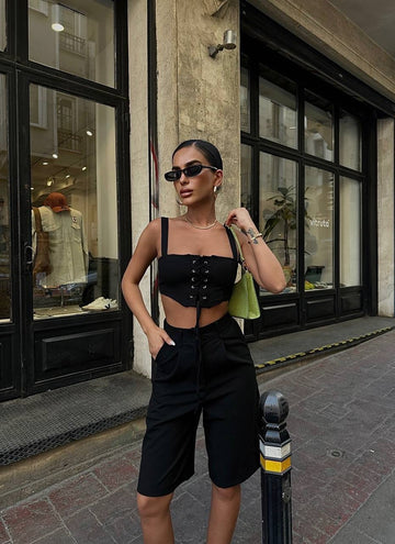 The Noir Lace-Up Crop & Bermuda Shorts Set  Two-Piece Summer Statement - 1188