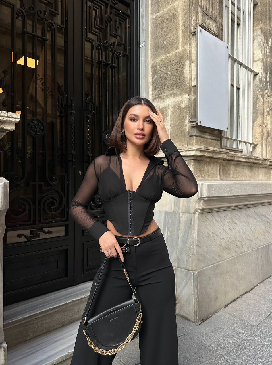 The Sheer Elegance Corset Top Long Sleeve Blouse - 1192