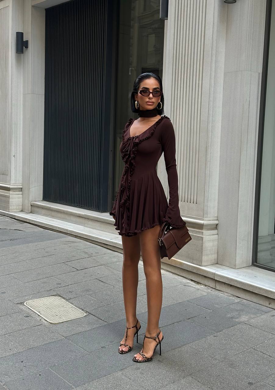 The Ruffled Charm Long Sleeve Mini Dress - 1241