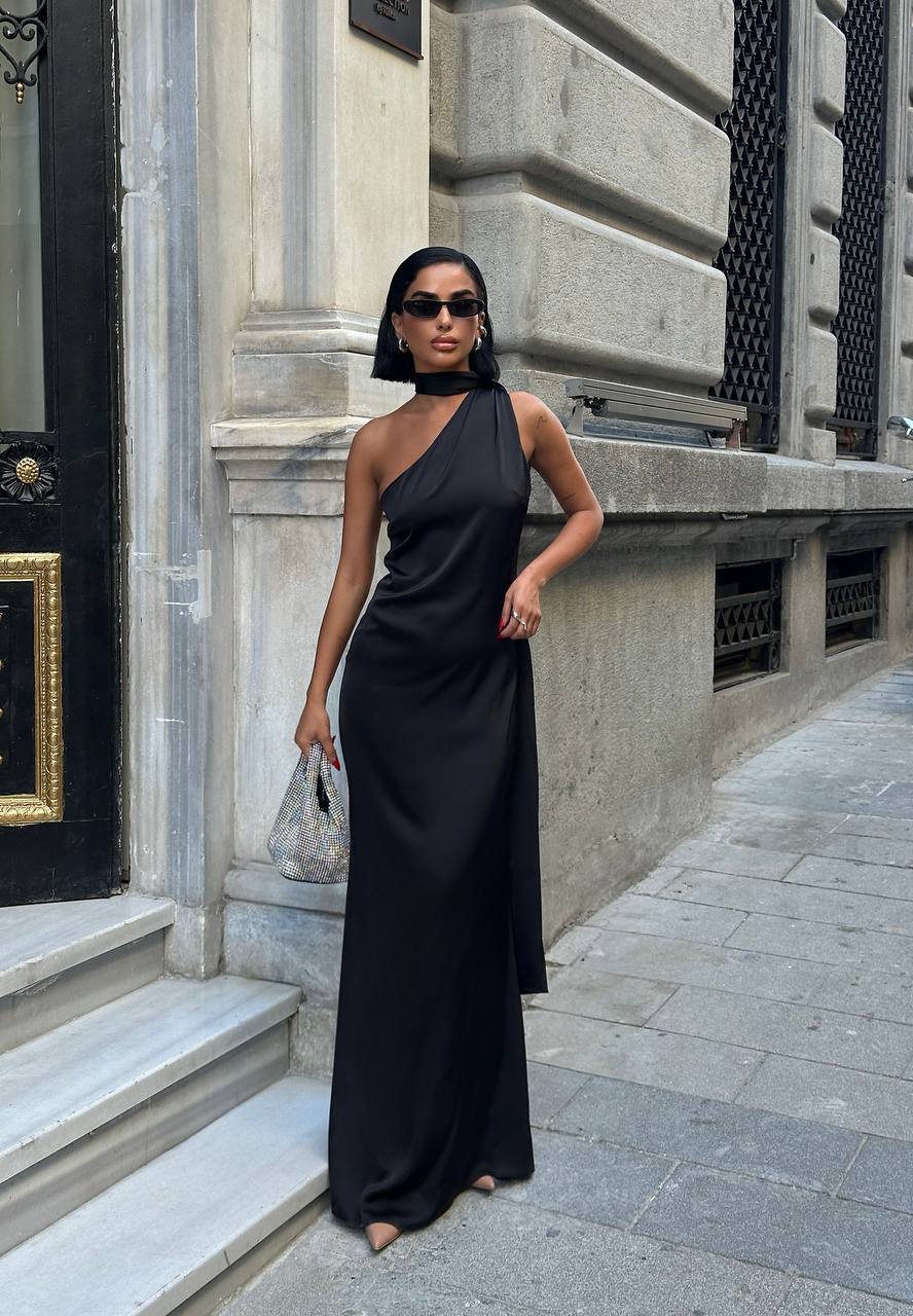 Eternal Glow Maxi Dress One-Shoulder Draped Scarf Detail - 1247