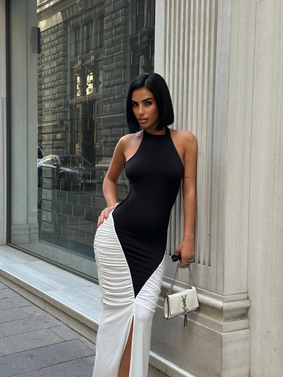 Midnight Charm  Maxi Dress  Bodycon  Contrast Ruched 1251