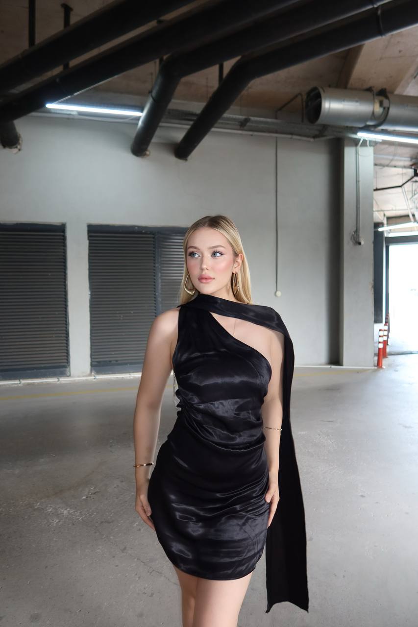 Eternal Glow Mini Dress Asymmetric Halter Satin Drape - 1253