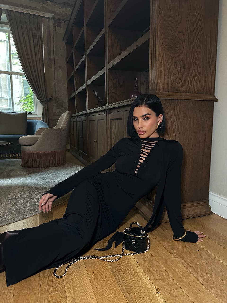 Midnight Allure Maxi Dress Fitted Lace-Up Front 1272