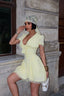 V-Neck Poplin Mini-Dress with puff sleeves, lace trim and corseted waist- 1291