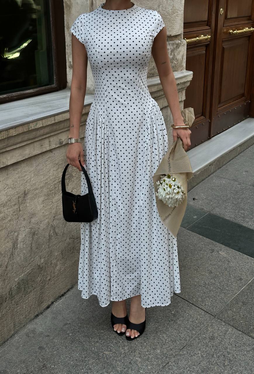 Polka-Dot Maxi Dress with high round neck and cap sleeves-1290