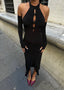 The Noir Elegance Halter Midi Dress - 1045