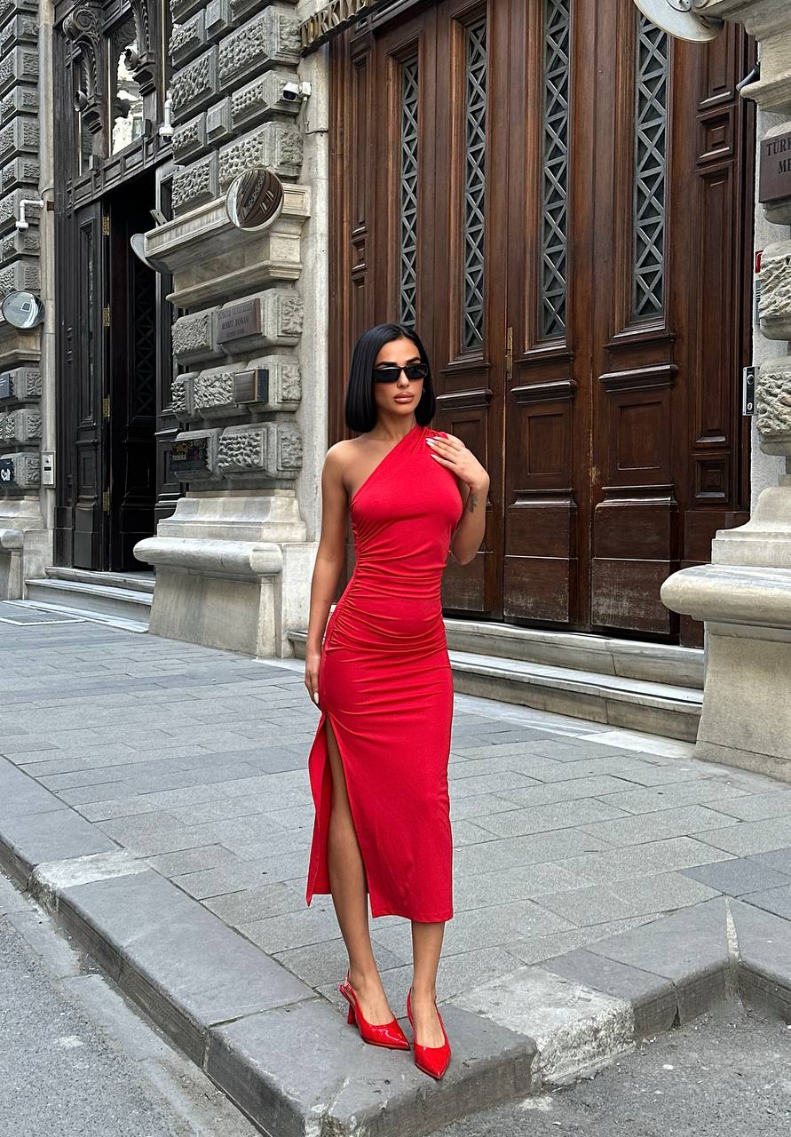 The One-Shoulder Ruched Elegance Midi Dress - 1184