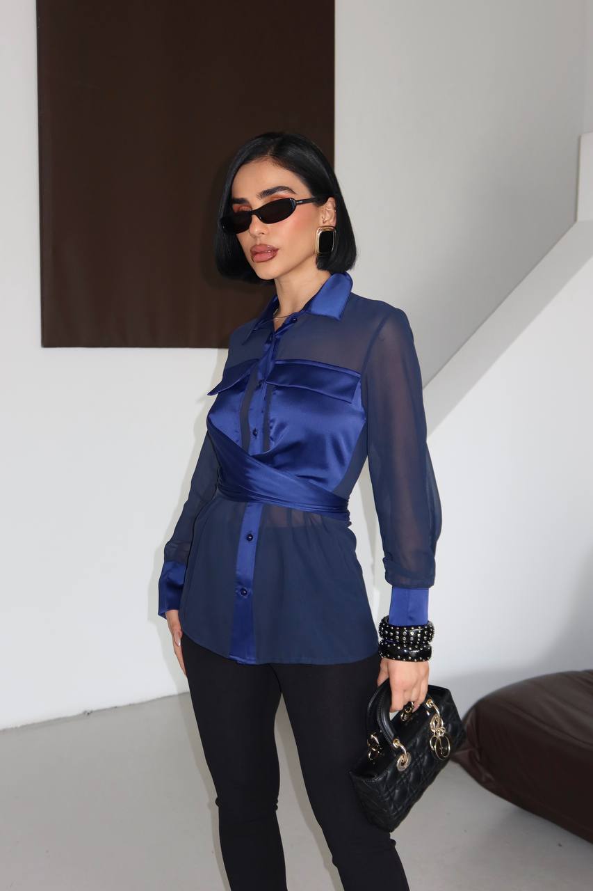 Silk Command Blouse Wrap Fit Waist Tie 1284