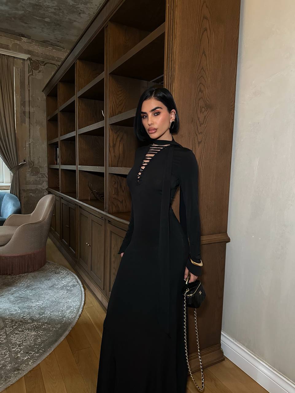 Midnight Allure Maxi Dress Fitted Lace-Up Front 1272