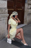 V-Neck Poplin Mini-Dress with puff sleeves, lace trim and corseted waist- 1291