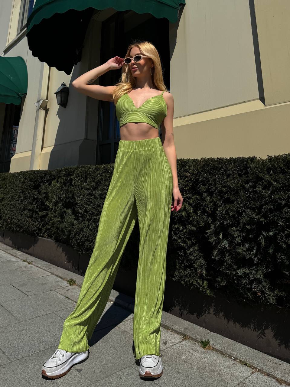 Lime Pleated Lounge Set – 1097