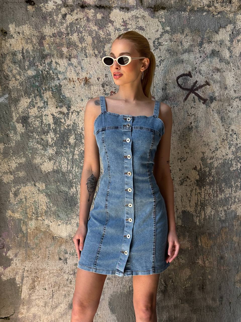 Denim Button-Up Mini Dress – 1132