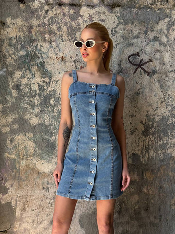 Denim Button-Up Mini Dress – 1132