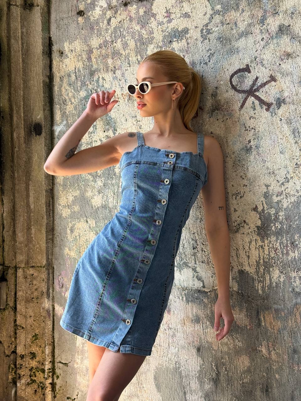 Denim Button-Up Mini Dress – 1132